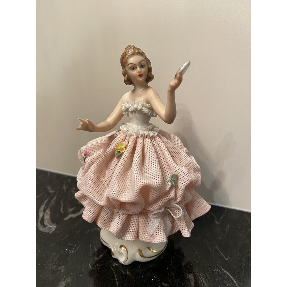 Dresden Lace Porcelain Figurine Lady with Mirror Pink Dress Germany 5" Read